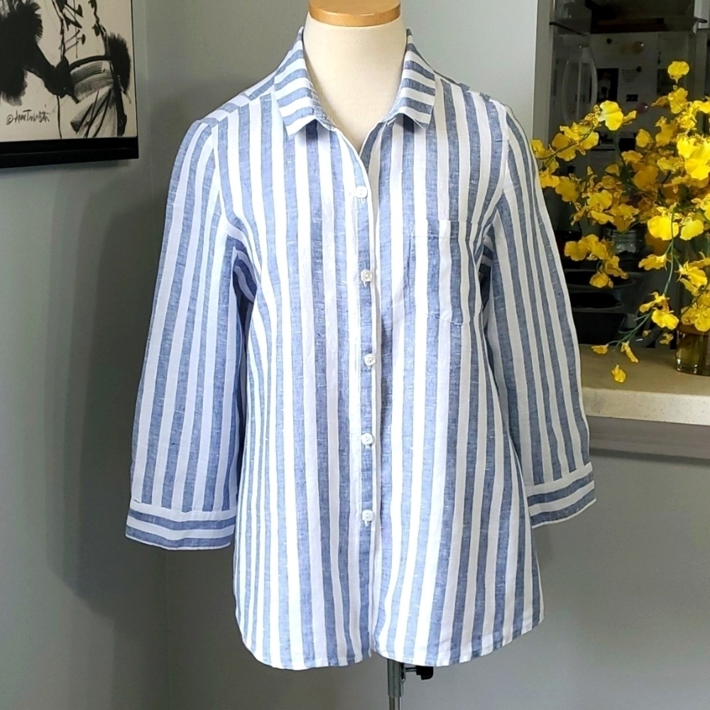 HABITAT, Linen over sized striped blouse.‎ Blue/white. Square button down. Small